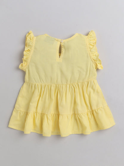 The Magic Wand Rayon Ruffled Sleeveless Solid Tassels Embelished Top With Shorts Yellow