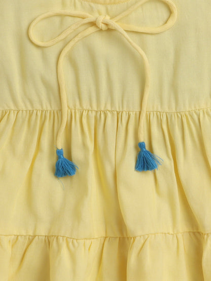 The Magic Wand Rayon Ruffled Sleeveless Solid Tassels Embelished Top With Shorts Yellow