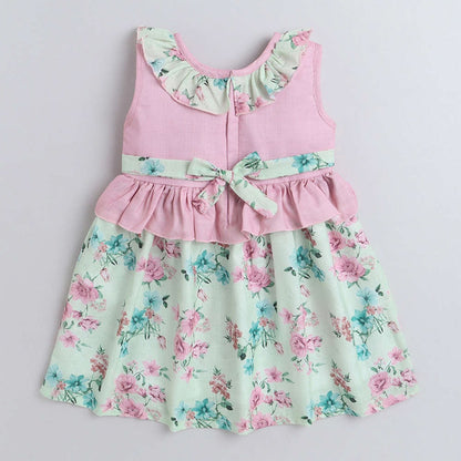 Sleeveless Floral Printed Ruffle On Neck With Bow Dress For Girls-Pink