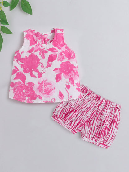 The Magic Wand Hand Block Printed Sleeveless Top and Shorts Night Wear Lounge Wear Set For Girls Pink