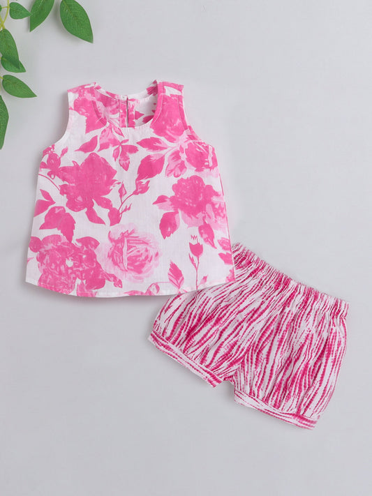 The Magic Wand Hand Block Printed Sleeveless Top and Shorts Night Wear Lounge Wear Set For Girls Pink