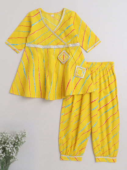 Leheriya Printed 3/4th Sleeves Gota Lace Kurta & Balloon Pant Set -Yellow