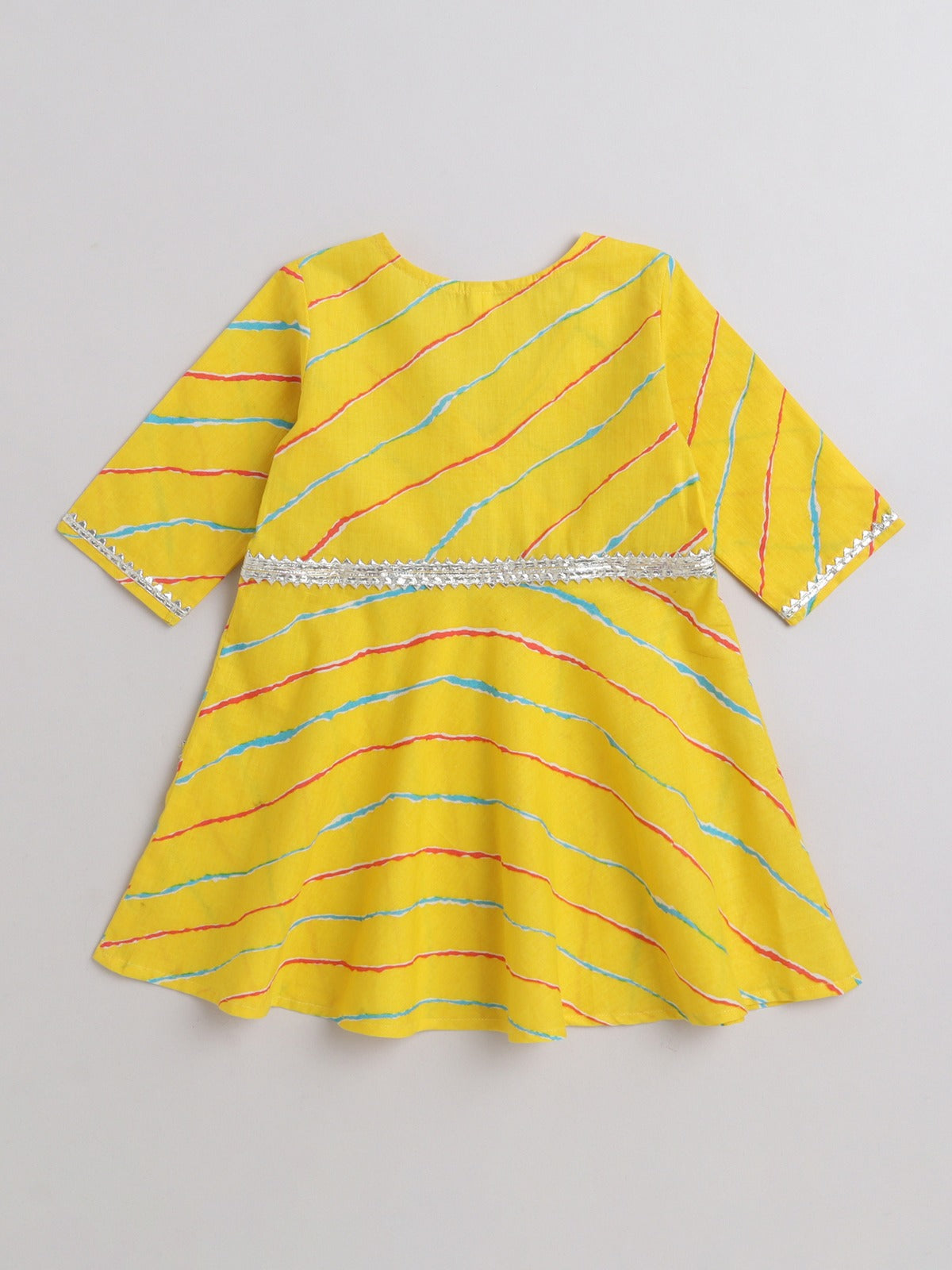 Leheriya Printed 3/4th Sleeves Gota Lace Kurta & Balloon Pant Set -Yellow