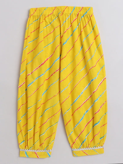 Leheriya Printed 3/4th Sleeves Gota Lace Kurta & Balloon Pant Set -Yellow