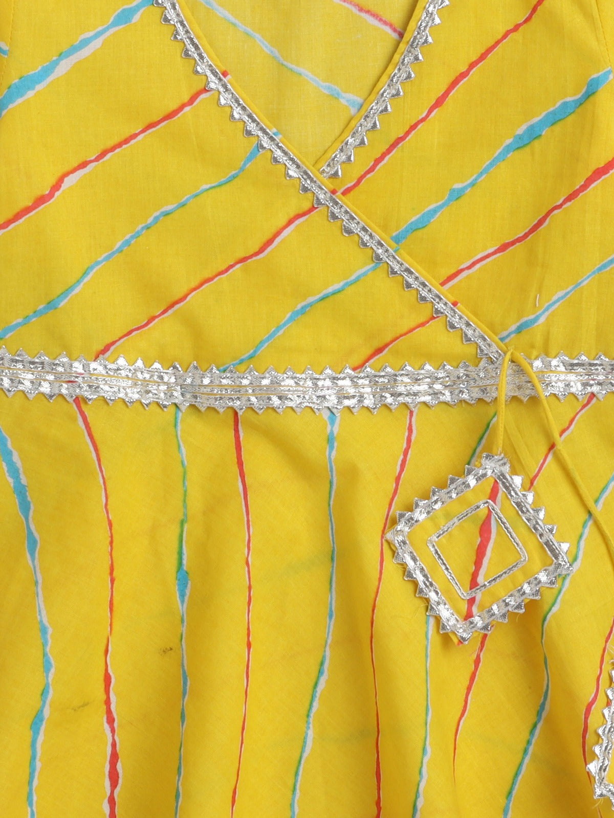Leheriya Printed 3/4th Sleeves Gota Lace Kurta & Balloon Pant Set -Yellow