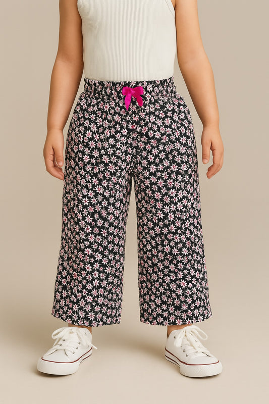 The Magic Wand Rayon Floral Printed Full Length Palazzo With Lace Bow Black