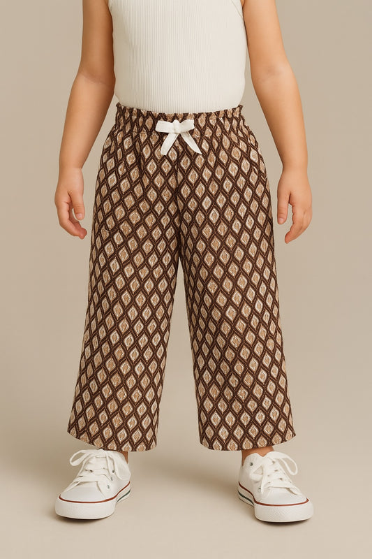 The Magic Wand Rayon Ikat Printed Full Length Palazzo With Lace Bow Brown