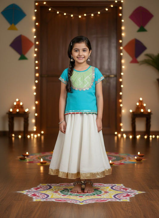 Half Sleeves Lace Embellished Pattu Pavadai Lehenga Choli Set - Aqua Blue