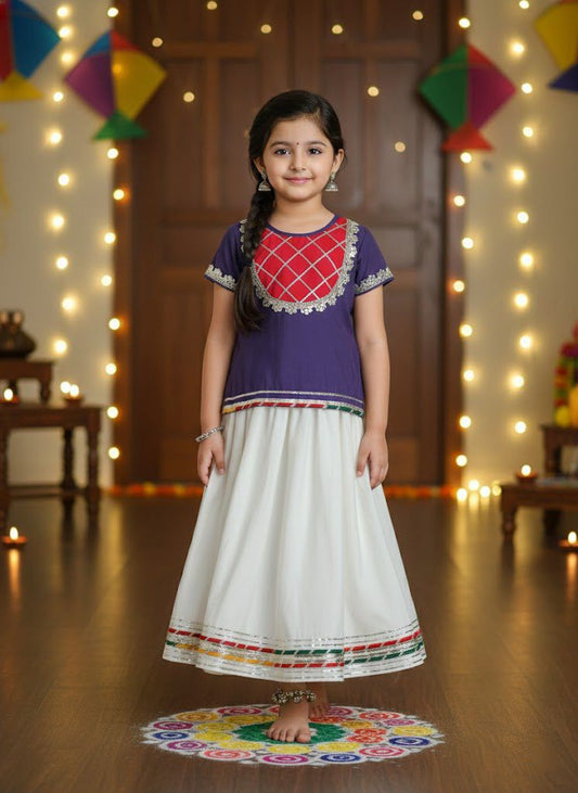 Half Sleeves Lace Embellished Pattu Pavadai Lehenga Choli Set - Purple