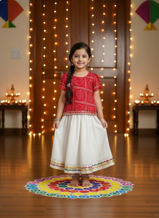 Half Sleeves Bandhani Designed & Lace Embellished Pattu Pavadai Lehenga Choli Set - Fuchsia