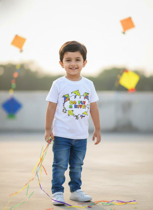 Makar Sankranti Festival Theme Go Fly A Kite Printed Colourfull T-shirts -White