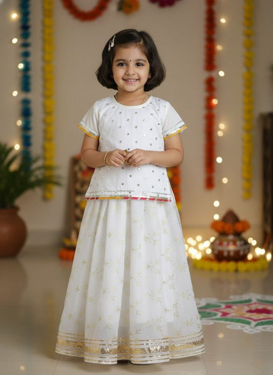 Half Sleeves Aabla Emboridery  Choli With Foil Jaal Pattu Pavdai Lehenga Set-Off White