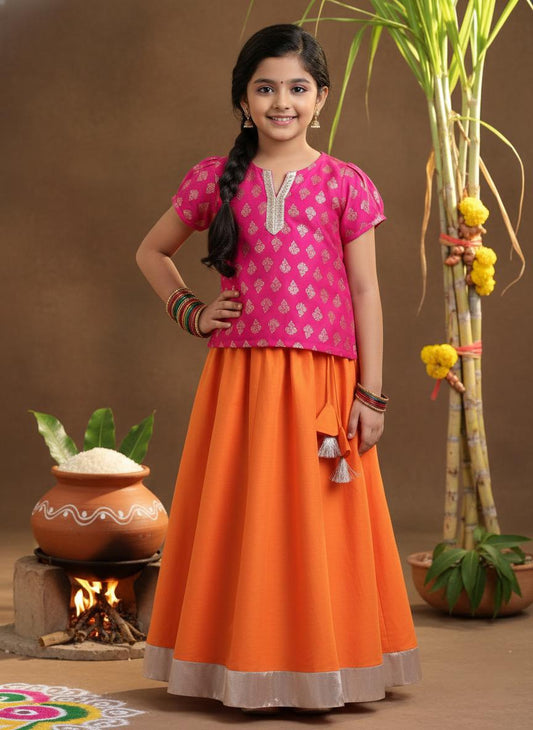 Festive Pattu Pavadai Lace Embellished Cap Sleeves Choli with  Lehenga Set-Fuchsia,Orange