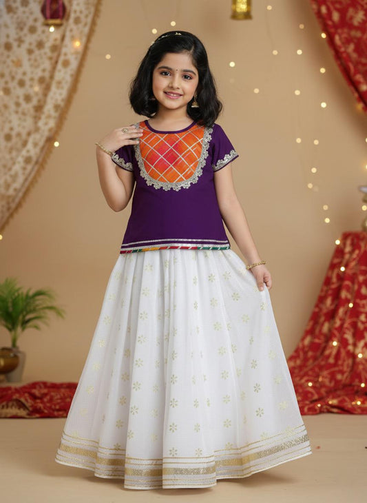 Half Sleeves Lace Embelished & Foil Motifs Printed Pattu Pavadai Lehenga Choli Set - Purple & White