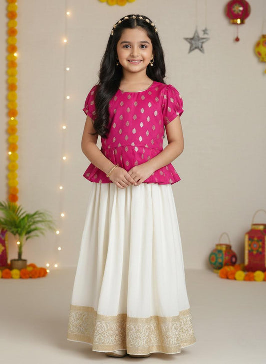 Half Sleeves Foil Print Choli with Lace Embelished Pattu Pavdai Lehenga Set-Pink