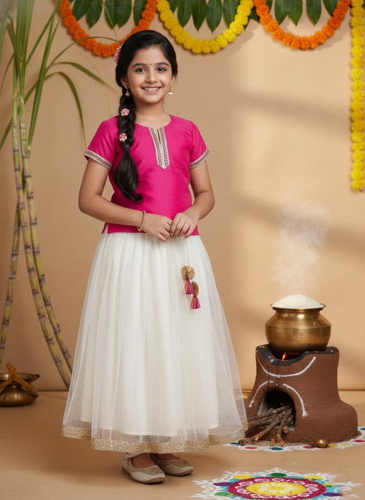 Festive Pattu Pavadai ,Girls, Ethnic wear Lace Embellished Cap Slv pink Choli with Lehenga Set-