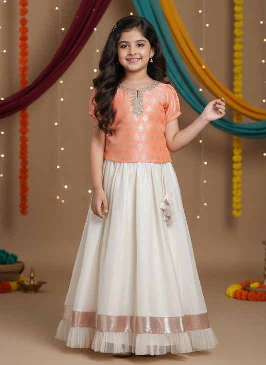 Festive Pattu Pavadai Onam/Pongal Collecion Lace Embellished Cap Sleeves Choli with Net Frills Lehenga Set-Peach