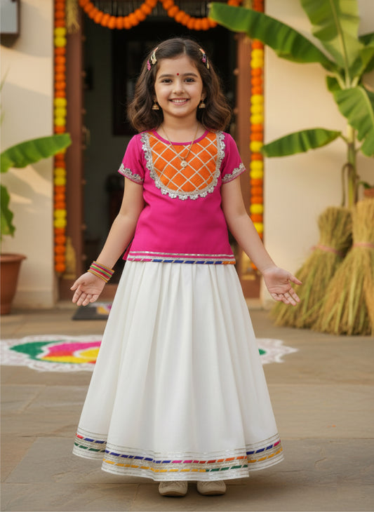 Half Sleeves Lace Embellished Pattu Pavadai Lehenga Choli Set - Fuchsia