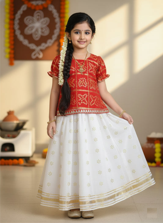 Half Sleeves Kota Butti & Foil Motifs Printed Pattu Pavadai Lehenga Choli Set - Red & White